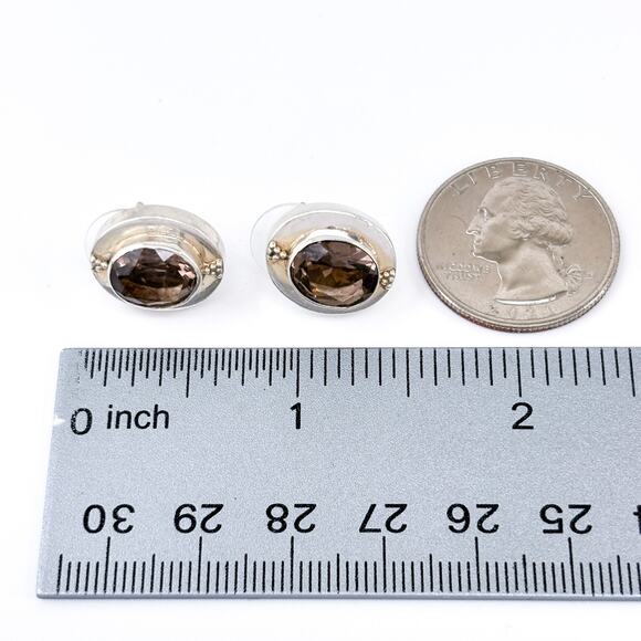Vintage Sterling Silver 925 Brown Faceted Smoky Quartz Stud Earrings - Picture 8 of 9